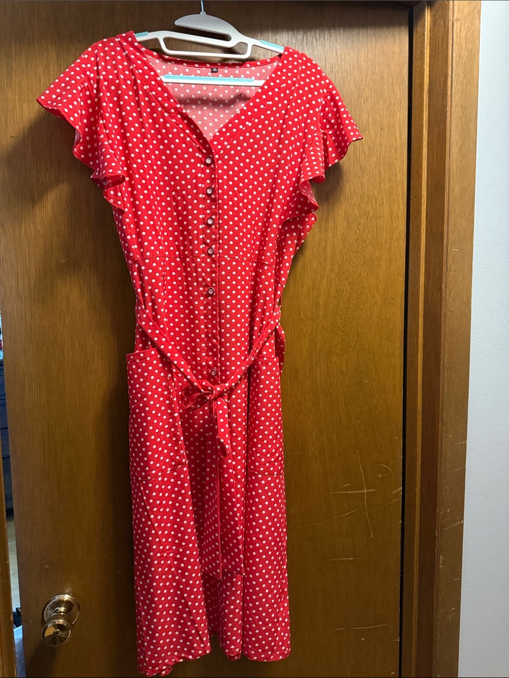Red Polka Dot Button-Front Midi Dress-  size 12/14